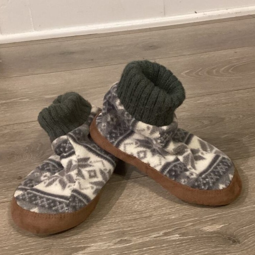 Lands End Kids Slippers 11 Gray White Fair Isle Fleece Bootie Slipper Cabincore